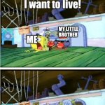 This is my little brother in a nutshell | POV YOU MADE YOUR LITTLE BROTHER ANGRY; MY LITTLE BROTHER; ME; ME | image tagged in i want to live | made w/ Imgflip meme maker