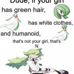 N-ever gonna give you up | has green hair, has white clothes, and humanoid, that's not your girl, that's
N | image tagged in dude if your girl,pokemon,memes,lol | made w/ Imgflip meme maker