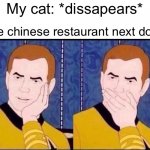 Sorry to tell you sir but your dog is gonna be a great meal | My cat: *dissapears*; The chinese restaurant next door: | image tagged in fake surprised,memes,funny,chinese,chinese food | made w/ Imgflip meme maker