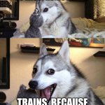 Unfunny | WHAT TYPE OF TRANSPORTATION DO MISOPHONICS HATE? TRAINS. BECAUSE THEY GO "CHEW CHEW!" | image tagged in bad pun husky,cheesy,unfunny,puns,chewing,stop reading the tags | made w/ Imgflip meme maker