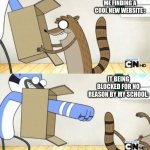 good thing Imgflip isn't blocked, right guys? | ME FINDING A COOL NEW WEBSITE :; IT BEING BLOCKED FOR NO REASON BY MY SCHOOL: | image tagged in mordecai punches rigby through a box | made w/ Imgflip meme maker