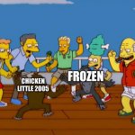 Chicken little vs Frozen:The ultimate fight of the century | FROZEN; CHICKEN LITTLE 2005 | image tagged in simpsons monkey fight | made w/ Imgflip meme maker