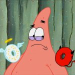 Patrick with good and bad donut