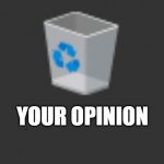 your opinion is trash | YOUR OPINION | image tagged in windows 10 recycle bin | made w/ Imgflip meme maker