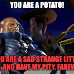 I agree with Woody | YOU ARE A POTATO! YOU ARE A SAD STRANGE LITTLE GIRL, AND HAVE MY PITY. FAREWELL. | image tagged in you are a toy,strax,toy story,doctor who,buzz and woody | made w/ Imgflip meme maker