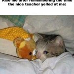 Crying cat | Me: *trying to sleep*
Also me after remembering the time the nice teacher yelled at me: | image tagged in crying cat | made w/ Imgflip meme maker