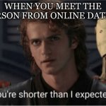 girls in a nutshell | WHEN YOU MEET THE PERSON FROM ONLINE DATING | image tagged in youre shorter than i expected,online dating | made w/ Imgflip meme maker