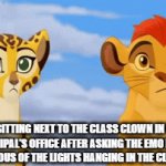 I am too lazy to think of a title | ME SITTING NEXT TO THE CLASS CLOWN IN THE PRINCIPAL'S OFFICE AFTER ASKING THE EMO KID IF SHE'S JEALOUS OF THE LIGHTS HANGING IN THE CLASSROOM | image tagged in gifs,haha,funny,memes,dank memes,fun | made w/ Imgflip video-to-gif maker
