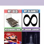 I can’t sleep in peace! | WHEN IT’S MY BEDTIME:; MY BED:; MY BLANKET:; MY UNDONE LAUNDRY:; NEIGHBORS DOG: | image tagged in 4-sided political compass,memes | made w/ Imgflip meme maker