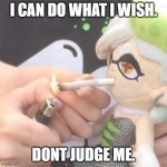 Marie Plush smoking | I CAN DO WHAT I WISH. DONT JUDGE ME. | image tagged in marie plush smoking | made w/ Imgflip meme maker