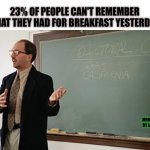 I just made up the 23% | 23% OF PEOPLE CAN'T REMEMBER WHAT THEY HAD FOR BREAKFAST YESTERDAY. MEMES BY JAY | image tagged in teacher explains,breakfast,dementia,memory | made w/ Imgflip meme maker
