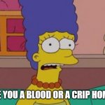 Marge Simpson | ARE YOU A BLOOD OR A CRIP HOMIE? | image tagged in marge simpson | made w/ Imgflip meme maker