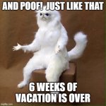 Vacation over | AND POOF!  JUST LIKE THAT; 6 WEEKS OF VACATION IS OVER | image tagged in poofcat | made w/ Imgflip meme maker