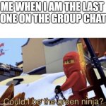 Could I Be The Green Ninja? | ME WHEN I AM THE LAST 
ONE ON THE GROUP CHAT | image tagged in could i be the green ninja | made w/ Imgflip meme maker