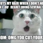 I've given myself like a few bad haircuts in my time but the last one I gave myself after the 4th of july in 2021 was the worst | ME: *CUTS MY HAIR WHEN I DON'T NEED TO; DO; (WHICH I; REGRET DOING SEVERAL TIMES)*; MY MOM: OMG YOU CUT YOUR HAIR | image tagged in memes,omg cat,relatable,omg,hair,bad haircut | made w/ Imgflip meme maker