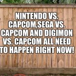 Nintendo,Sega,Capcom,Bandai Namco and Toei animation,please make these happen! | NINTENDO VS. CAPCOM,SEGA VS. CAPCOM AND DIGIMON VS. CAPCOM ALL NEED TO HAPPEN RIGHT NOW! | image tagged in fence | made w/ Imgflip meme maker