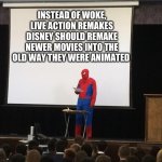 I like the old 2d illustrated animation | INSTEAD OF WOKE, LIVE ACTION REMAKES DISNEY SHOULD REMAKE NEWER MOVIES INTO THE OLD WAY THEY WERE ANIMATED | image tagged in spiderman board | made w/ Imgflip meme maker