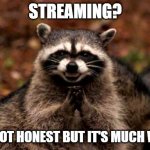 Evil Raccoon Blank | STREAMING? IT'S NOT HONEST BUT IT'S MUCH WORK | image tagged in evil raccoon blank | made w/ Imgflip meme maker