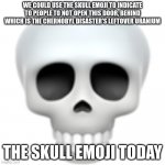 The Skull Emoji | WE COULD USE THE SKULL EMOJI TO INDICATE TO PEOPLE TO NOT OPEN THIS DOOR, BEHIND WHICH IS THE CHERNOBYL DISASTER'S LEFTOVER URANIUM; THE SKULL EMOJI TODAY | image tagged in iphone skull emoji | made w/ Imgflip meme maker