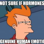 We're all puppets | NOT SURE IF HORMONES; OR GENUINE HUMAN EMOTIONS | image tagged in skeptical fry | made w/ Imgflip meme maker