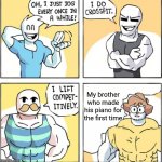 I made my piano with my brother | My brother who made his piano for the first time | image tagged in increasingly buff,memes | made w/ Imgflip meme maker