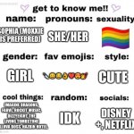 get to know me | SOPHIA (MOXXIE IS PREFERRED); SHE/HER; GIRL; 🔪😀😂👌❤️😍💅; CUTE; IMAGINE DRAGONS, FABVL, ROCKIT MUSIC, DIZZYEIGHT, THE LIVING TOMBSTONE HELLUVA BOSS, HAZBIN HOTEL, IDK; DISNEY +, NETFLIX | image tagged in get to know me | made w/ Imgflip meme maker