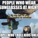 One badass to another | PEOPLE WHO WEAR SUNGLASSES AT NIGHT; PEOPLE WHO TROLL KIDS ONLINE | image tagged in i tip my hat to you one legend to another | made w/ Imgflip meme maker