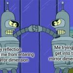 Let me in. LET ME IIIIIN!!!!! | Me trying to get into the mirror dimension; My reflection stopping me from entering the mirror dimension | image tagged in gifs,bender,punching mirror,let me in,dimension | made w/ Imgflip video-to-gif maker