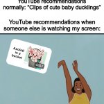 If I didn’t care about younger users, I would’ve used a more “questionable” image… | YouTube recommendations normally: “Clips of cute baby ducklings”; YouTube recommendations when someone else is watching my screen: | image tagged in baby yeet | made w/ Imgflip meme maker