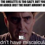 That omelette was perfectly seasoned! Then why is it too salty??? | WHEN THE OMELETTE IS TOO SALTY, BUT YOU JUST KNOW THAT YOU ADDED JUST THE RIGHT AMOUNT OF SEASONING... ME: | image tagged in i couldn't have miscalculated | made w/ Imgflip meme maker