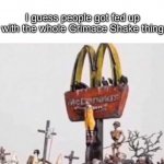 What. The. F**k!!! | I guess people got fed up with the whole Grimace Shake thing | image tagged in ronald mcdonald get crucified,dear god,what the fu-,ronald mcdonald,grimace shake | made w/ Imgflip meme maker