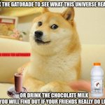 maybe he should have chose the milk.right? | DRINK THE GATORADE TO SEE WHAT THIS UNIVERSE REALLY IS; OH NO HE CHOSE THE GATORADE!! OR DRINK THE CHOCOLATE MILK
 AND YOU WILL FIND OUT IF YOUR FRIENDS REALLY DO LIKE YOU | image tagged in memes,doge 2 | made w/ Imgflip meme maker
