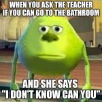 Mike wazowski derp meme | WHEN YOU ASK THE TEACHER IF YOU CAN GO TO THE BATHROOM; AND SHE SAYS 
"I DON'T KNOW CAN YOU" | image tagged in mike wazowski derp meme | made w/ Imgflip meme maker