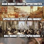 Bear market & bull market | BEAR MARKET CREATES OPPORTUNITIES; OPPORTUNITIES CREATE BULL MARKET; BULL MARKET CREATE PAPER HANDS; PAPER HANDS CREATE BEAR MARKET | image tagged in memes | made w/ Imgflip meme maker