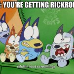 muffin is so annoying | POV: YOU'RE GETTING RICKROLLED | image tagged in muffin is so annoying,rick astley,rickroll,never gonna give you up | made w/ Imgflip meme maker