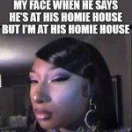 My face when he says he’s at his homie house but I’m at his homie house | MY FACE WHEN HE SAYS HE’S AT HIS HOMIE HOUSE BUT I’M AT HIS HOMIE HOUSE | image tagged in megan the stallion,funny,homie,boyfriend,cheating | made w/ Imgflip meme maker