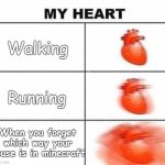 Something Relateable | Walking; Running; When you forget which way your house is in minecraft | image tagged in my heart blank,relateable,memes,minecraft,fun,funny | made w/ Imgflip meme maker