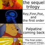 Haha Skibidi toilet go brr | Star Wars the sequel trilogy; Rey,Finn,Poe, and the first order; Palpatine coming back; The final order, the prequel trilogy, the original trilogy, and Skibidi toilet | image tagged in drake brain pooh crossover | made w/ Imgflip meme maker