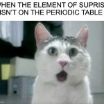 OMG Cat | WHEN THE ELEMENT OF SUPRISE ISN’T ON THE PERIODIC TABLE | image tagged in memes,omg cat | made w/ Imgflip meme maker