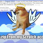 Rip cheems u will be missed | A rip From my Scratch acc | image tagged in rip cheems help spread the word,cheems,rip,heaven,spread the word,memes | made w/ Imgflip meme maker