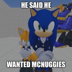 Equestrian Duo | HE SAID HE; WANTED MCNUGGIES | image tagged in equestrian duo,mcnuggies,he said he wanted mcnuggies,sonic and tails equestrian,equestrian sonic and tails,the specific pose | made w/ Imgflip meme maker