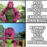 Ds/IPhone | MY DS BATTERY AFTER 19 YEARS OF NO CHARGING AND SEVERE NEGLECT; MY PHONES BATTERY AFTER 3 HOURS OFF A CHARGER | image tagged in strong barney | made w/ Imgflip meme maker