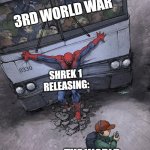 Thank you Dreamworks for releasing shrek 1 | 3RD WORLD WAR; SHREK 1 RELEASING:; THE WORLD: | image tagged in spider-man saves child,shrek,ww3,world war 3,memes | made w/ Imgflip meme maker