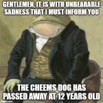 RIP cheems | GENTLEMEN, IT IS WITH UNBEARABLE SADNESS THAT I MUST INFORM YOU; THE CHEEMS DOG HAS PASSED AWAY AT 12 YEARS OLD | image tagged in formal frog | made w/ Imgflip meme maker