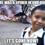 There was a spider! It's gone now! | THERE WAS A SPIDER IN OUR HOUSE! IT'S GONE NOW! | image tagged in disaster boy,disaster,memes,funny memes,lol so funny,lmao | made w/ Imgflip meme maker