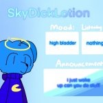 SkyDickLotion’s new Announcement Template | nothing ;-;; high bladder; i just woke up can you do stuff | image tagged in skydicklotion s new announcement template | made w/ Imgflip meme maker