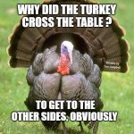Turkey Meme | WHY DID THE TURKEY CROSS THE TABLE ? MEMEs by Dan Campbell; TO GET TO THE OTHER SIDES, OBVIOUSLY | image tagged in memes,turkey | made w/ Imgflip meme maker