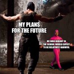 have you ever seen "monster house"? | MY PLANS FOR THE FUTURE; ME WHO NOBODY IN THE SCHOOL WOULD EXPECT TO BE RELATIVELY HARMFUL | image tagged in pink guy vs bane | made w/ Imgflip meme maker