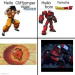 Yamcha meets Cliffjumper | Cliffjumper; Yamcha | image tagged in hello person from | made w/ Imgflip meme maker