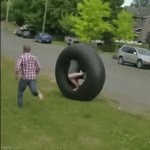 Tire rolling into the tree silly human trick GIF Template